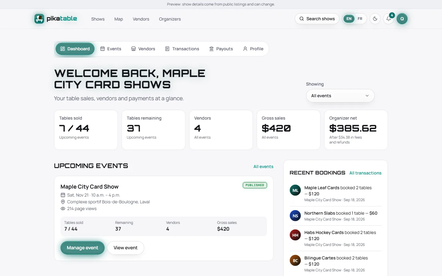 The organizer dashboard, showing tables sold, vendors, gross sales, organizer net and recent bookings.