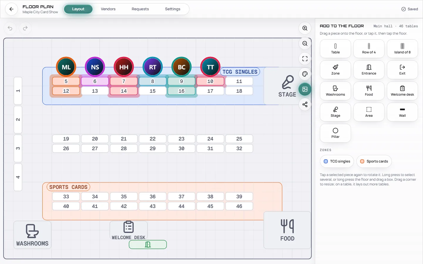 The floor plan editor, showing a numbered grid of tables, zones and the drawing tools.