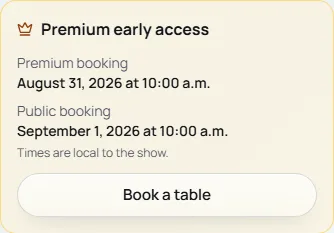 The booking panel on a show page: when Premium and public booking open, and a button to book a table.